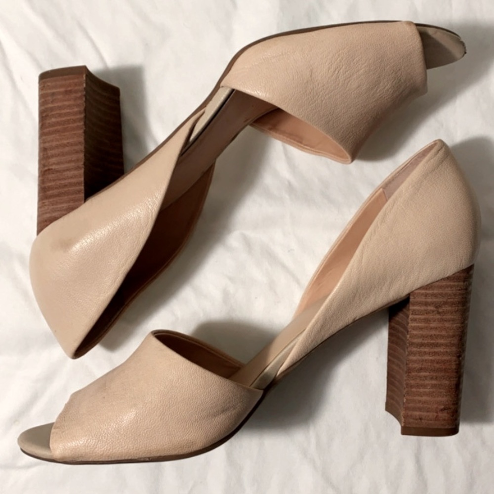3” leather peep toe pumps with wooden heel